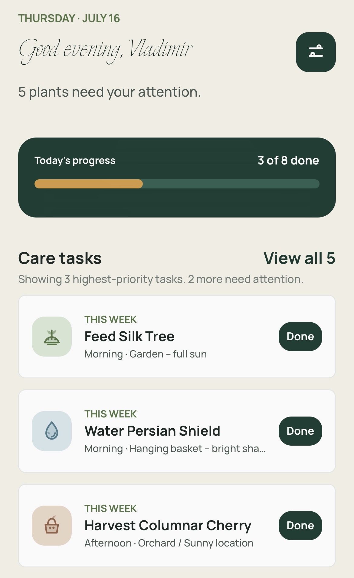 Dashboard screen showing five plants needing attention and three care tasks.